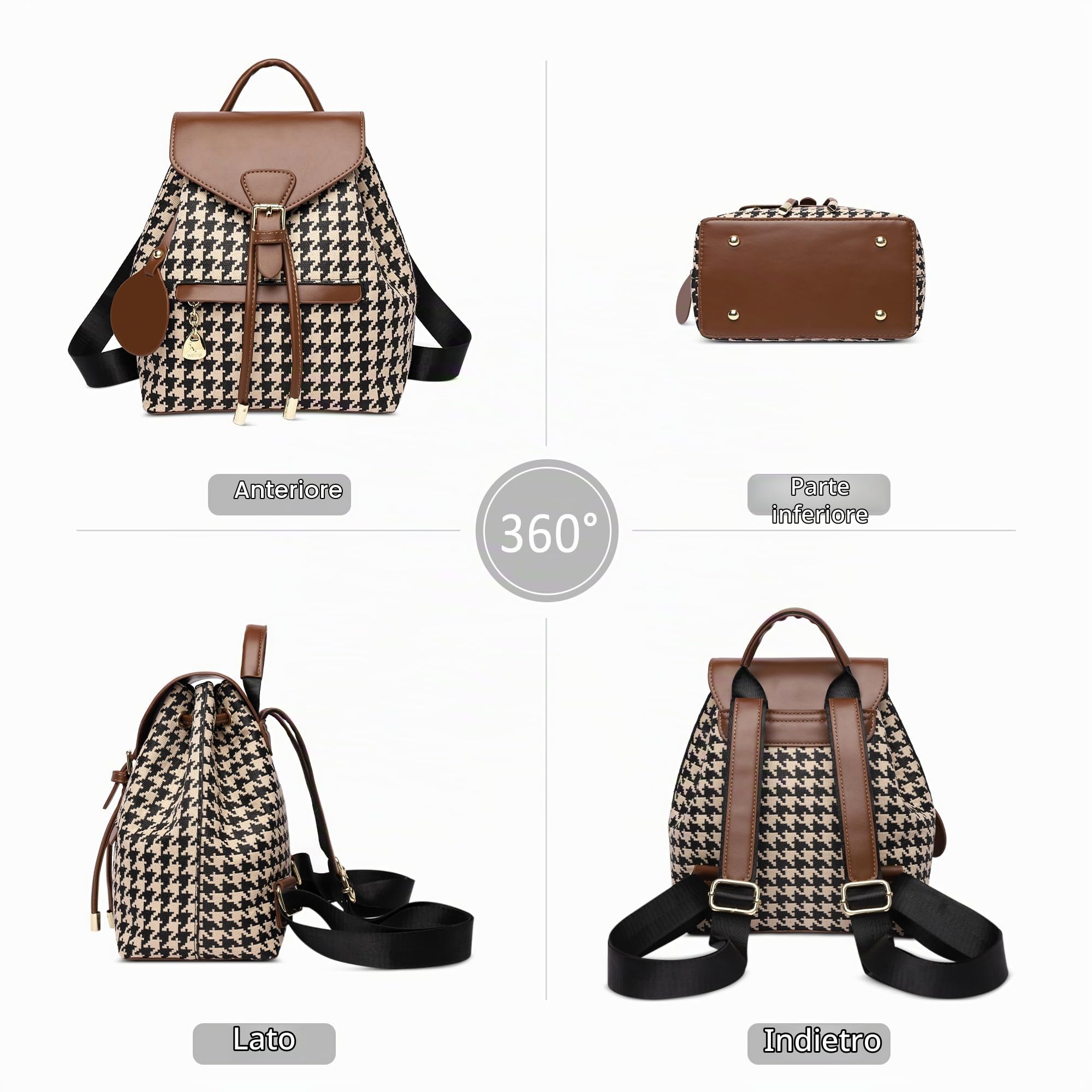 Borsa Zaino Donna Elegante Zainetto Antifurto Impermeabile Daypack Mode Stampa Tracolla Moderno Borse Spalla Mano per Scuola Shopping Università Viaggio Vacanza Lavoro in Pelle PU Marrone