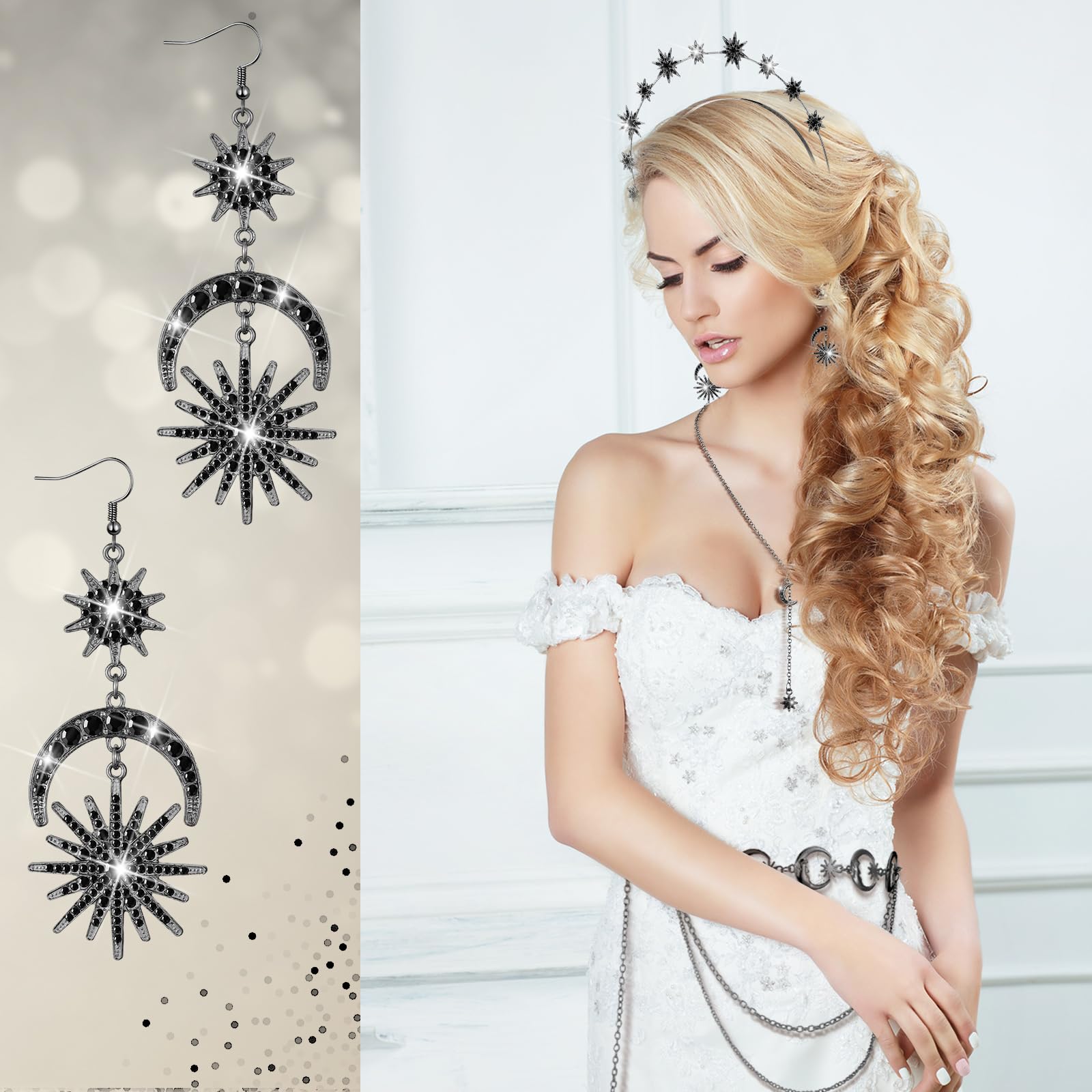 Glenmal 4 Pieces Celestial Jewelry Moon Stars Crown Necklaces and Body Chain Headband Drop Earrings for Women: Black