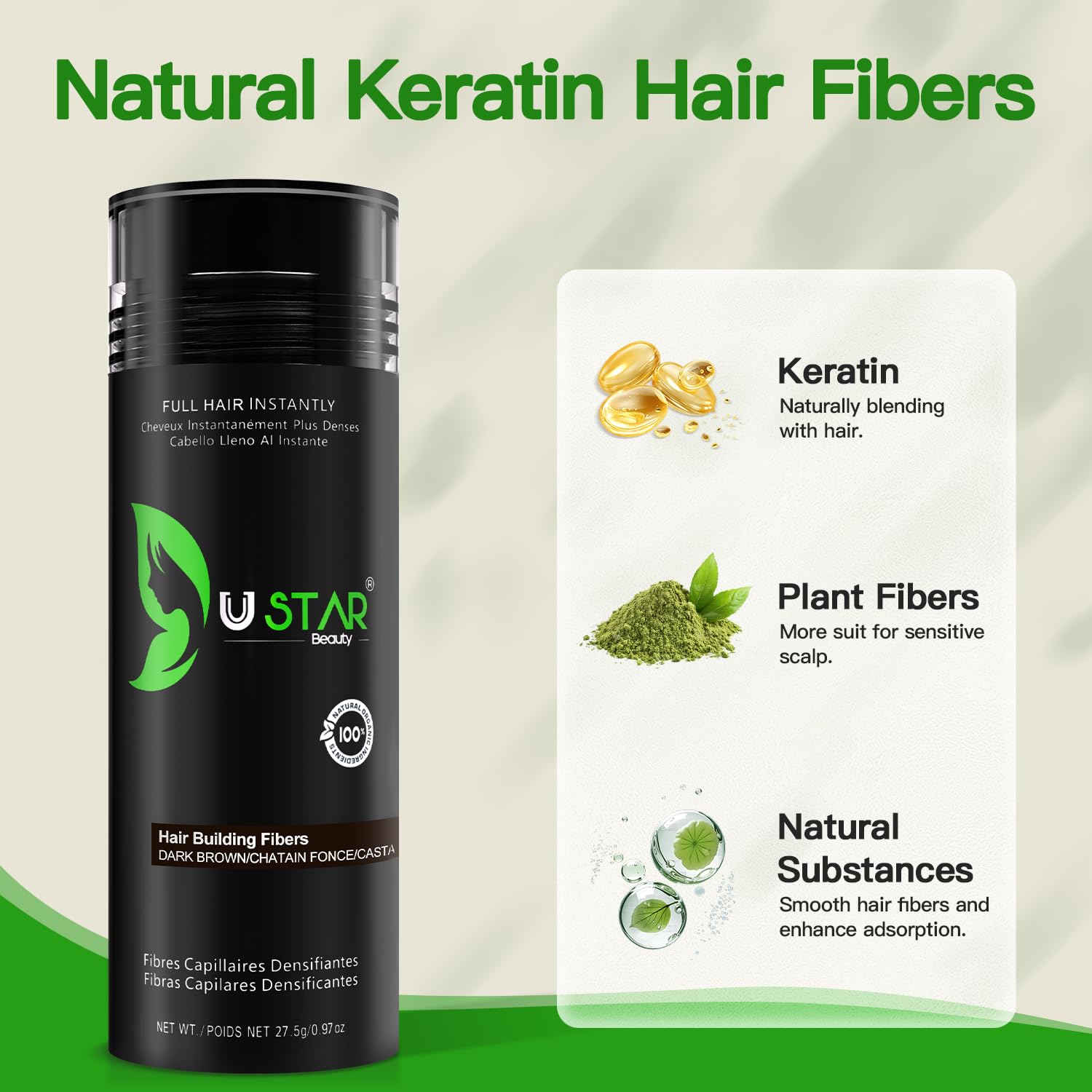Ustar Hair Fibers 55g - Hair Building Fibers for Thinning Hair for an Instantly Fuller, Thicker Look - Hair Fibers for Men & Women (Dark Brown)