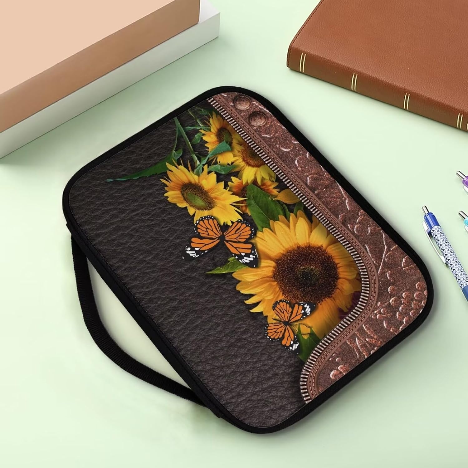 Sunflower Butterfly Bible Case, Portable Large Bible Covers for Women Organizer, Lightweight Bible Tote Bag for Women Multi-Functional Bible Bag Bible Accessories, Brown and Yellow