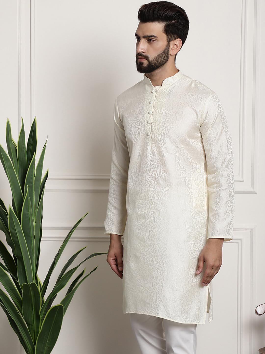 Sojanya (Since 1958 Men's Silk Blend Off White Color Paisley Design Only Long Kurta