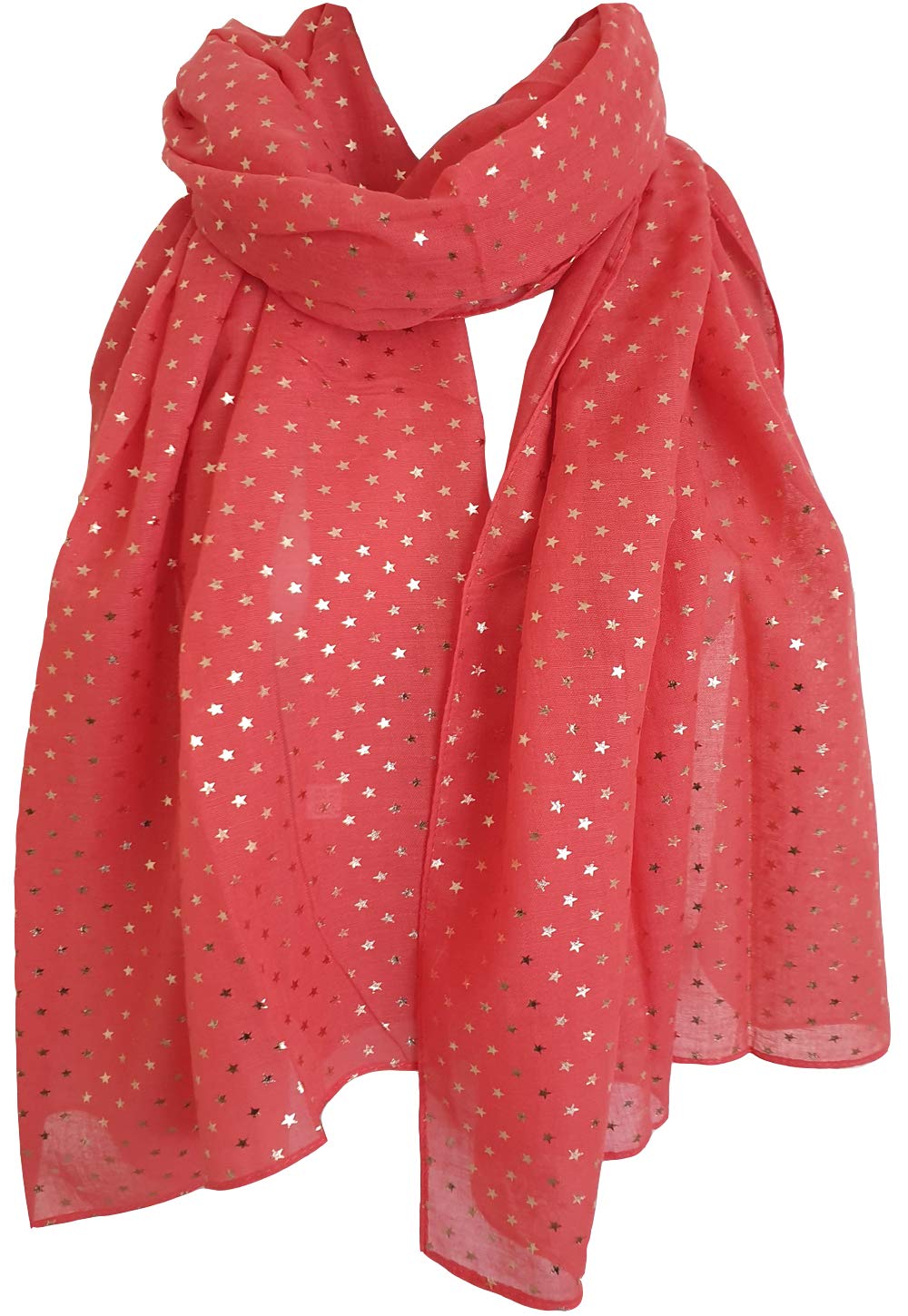 Glamlondon Women's Coral -Rosegold-7035 Stars Scarf Star Print Summer Rose Gold Metallic Foil Fashion Classy Party Wrap (Coral -Rosegold-7035)