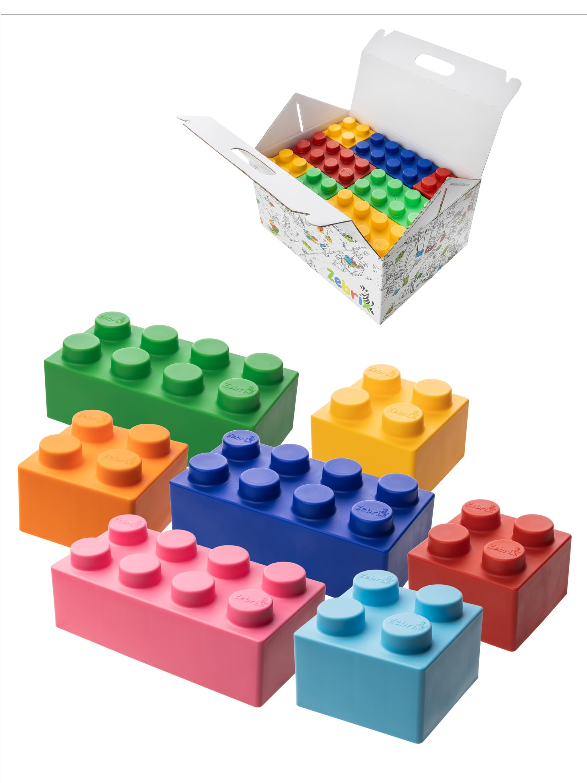 Zebrix XXL 25 Clamping Blocks, 7 Colours, Large Building Blocks in Pink, Light Blue, Orange, Red, Green, Blue and Yellow - (25 Stones), For Babies and Children, Made in Germany