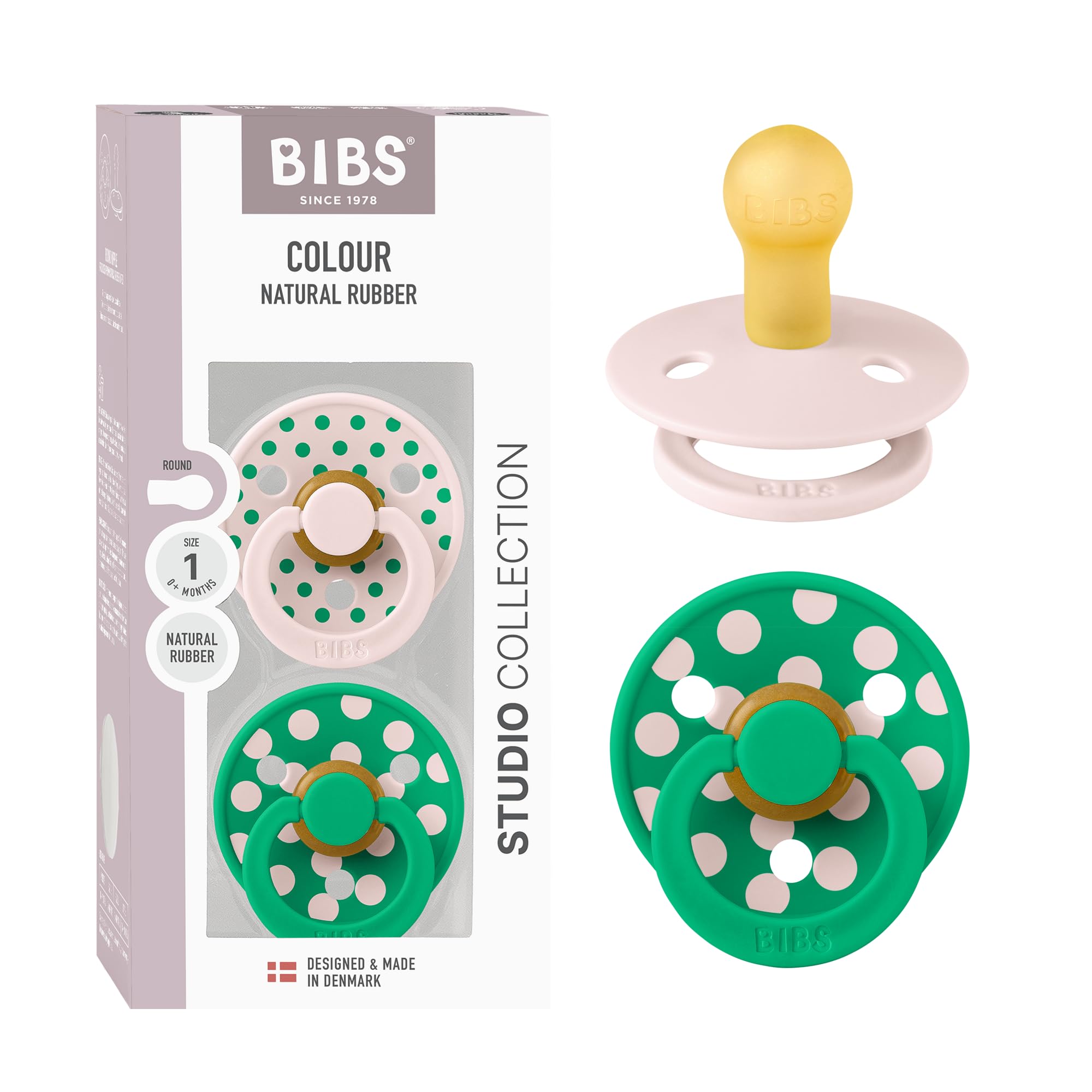 BIBS Polka Dots Soother 2-Pack, BPA Free Dummy Pacifier, Round Nipple. Natural Rubber Latex, Made in Denmark, Size 1 (0-6 Months), Petal/Cactus