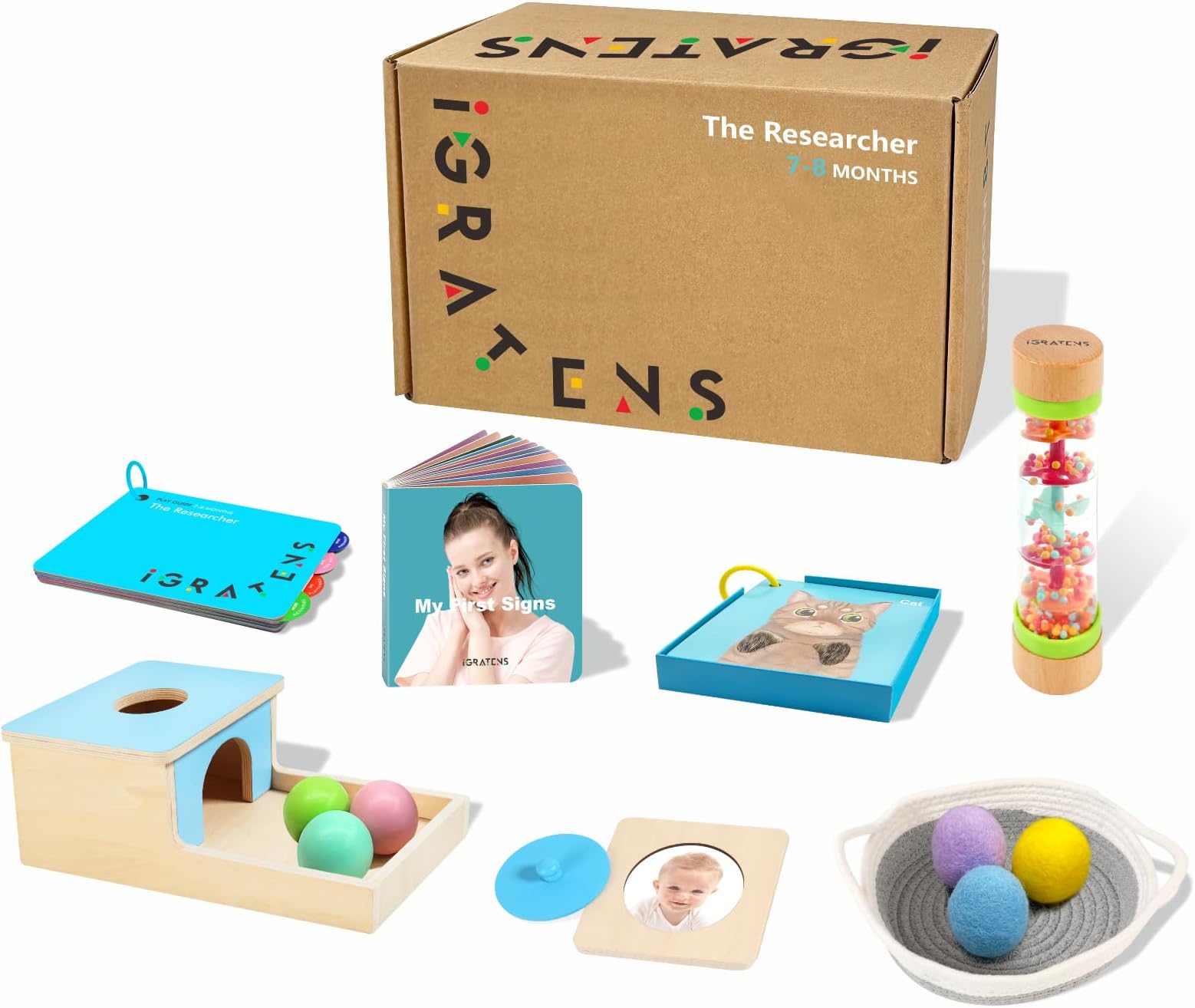 Montessori Toys for Babies 7-8 Months, Wooden Montessori Toys, Includes Object Permanence Box, Balls, Rainmaker, Peek-a-Zoo Puzzle, Texture Cards, First Signs, Play Guide, Treasures Basket
