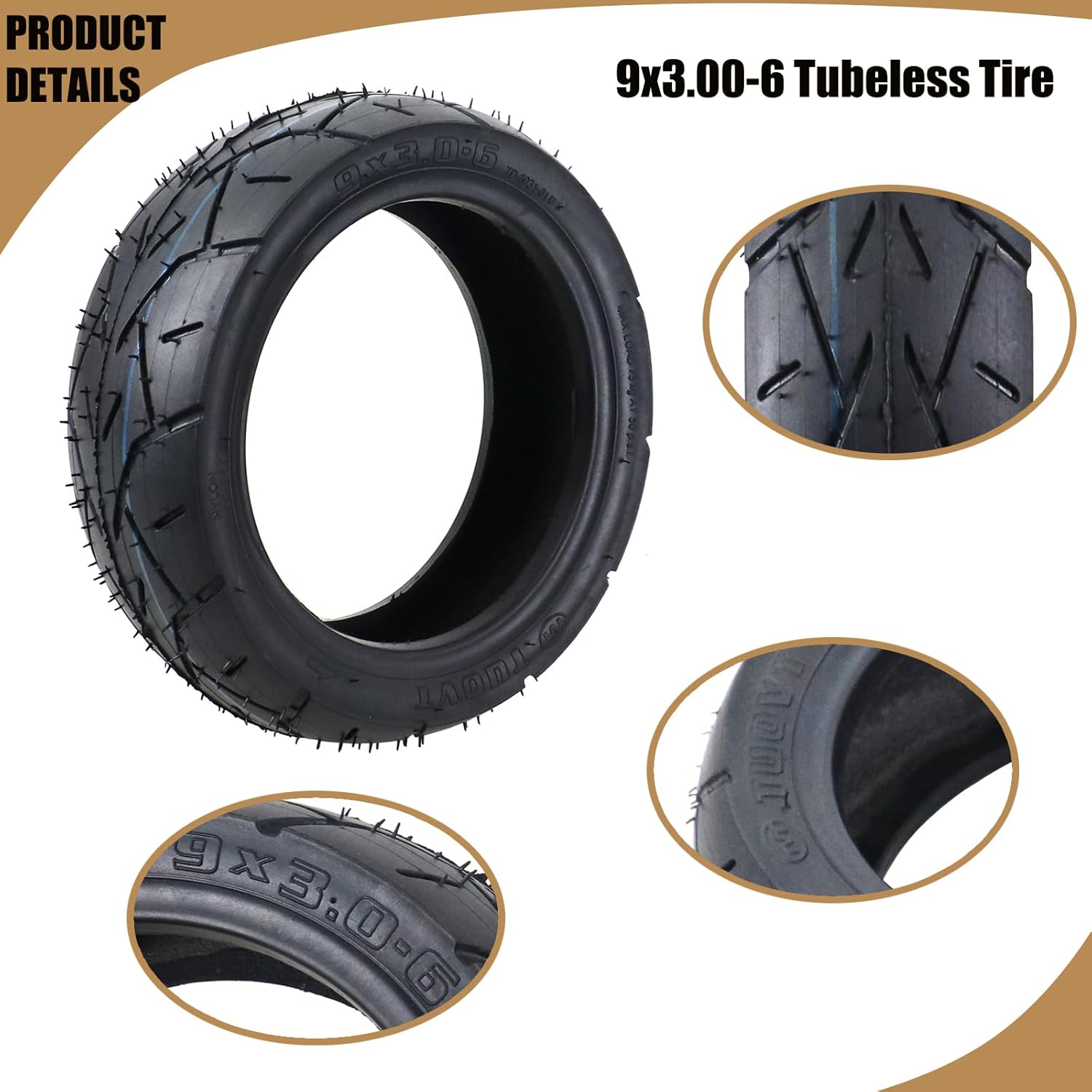 9x3.00-6 Scooter Tire, 9 * 3.0-6 Tubeless Tyre Scooter for Mobility Scooter POV Power Scooter Wheelchair Wider Electric Scooter Wheel Parts