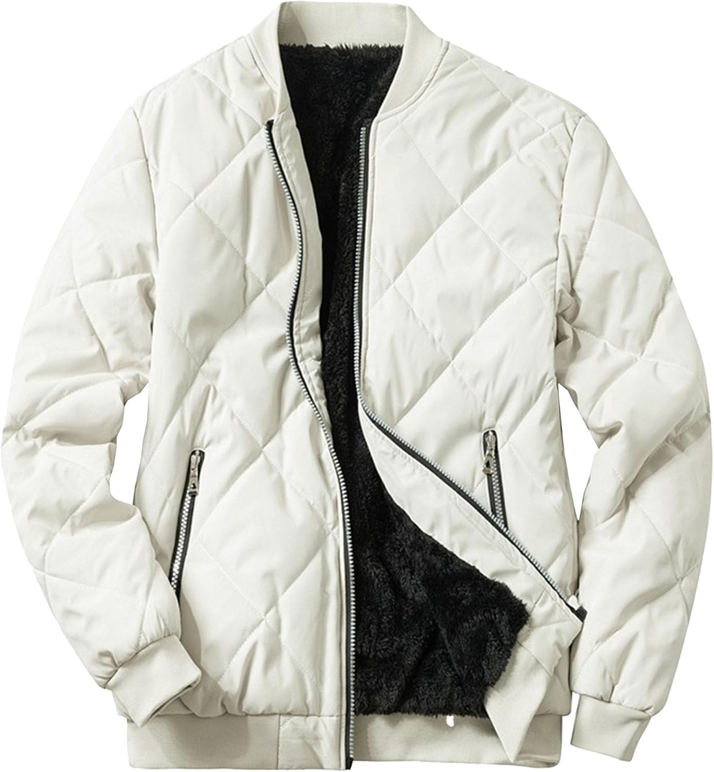 Men's Fleece Lined Bomber Jackets Windproof Quilted Puffer Jacket Winter Warm Padded Baseball Varsity Coat