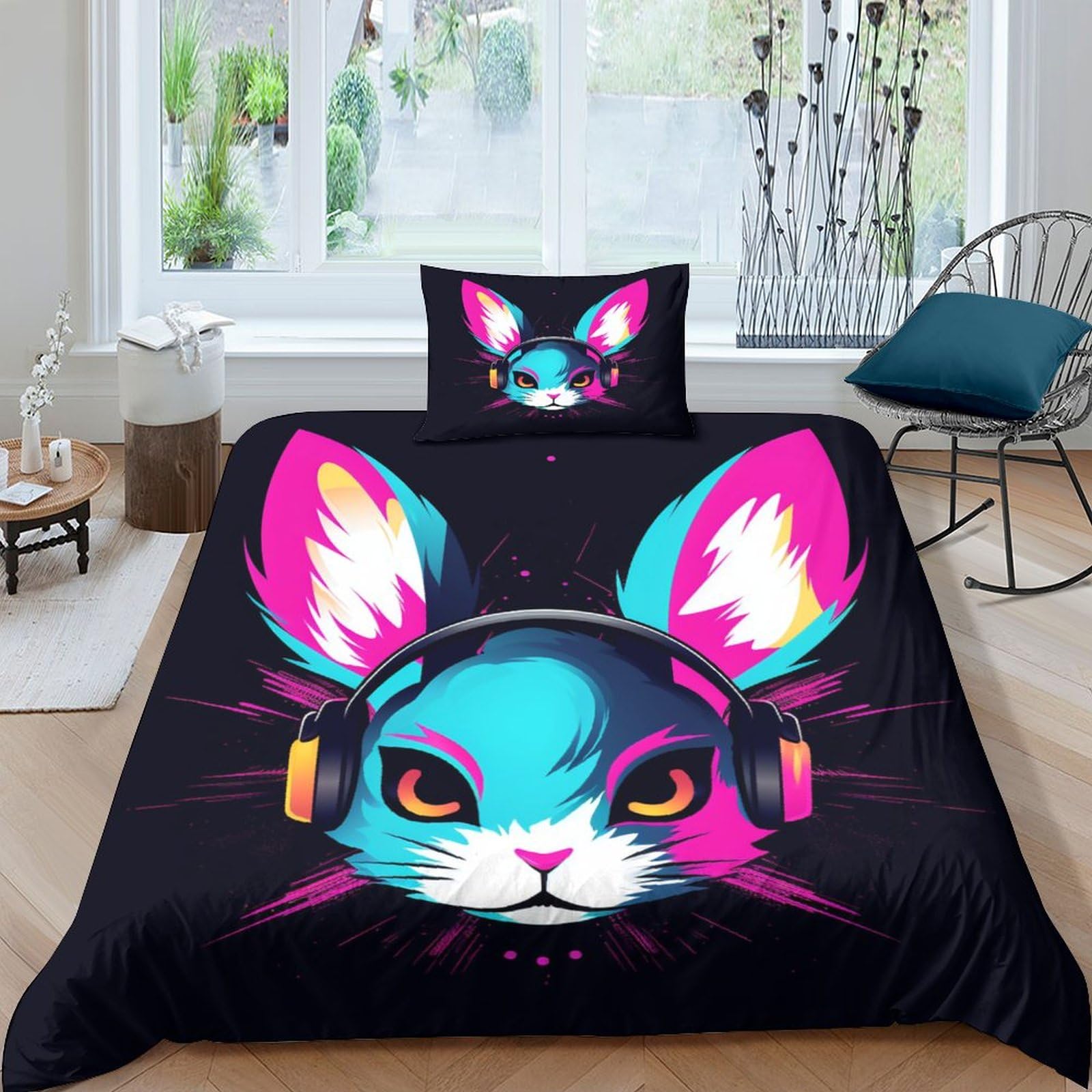 Housse de couette lapin 3D en microfibre 135x200 cm avec taie d'oreiller