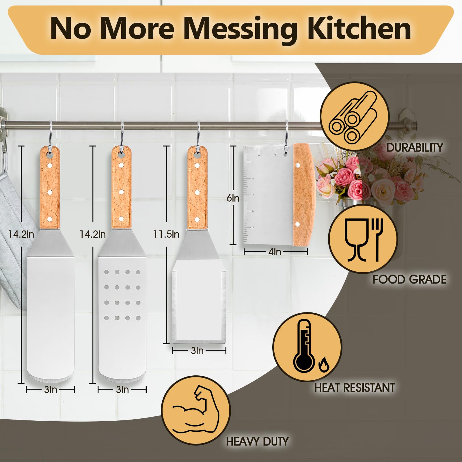 HaSteeL Metal Spatula Set of 4, Stainless Steel Griddle Spatula Tools Set with Wooden Riveted Handle, Professional Griddle Accessories Kit for Teppanyaki BBQ Flat Top Hibachi Cooking Grilling