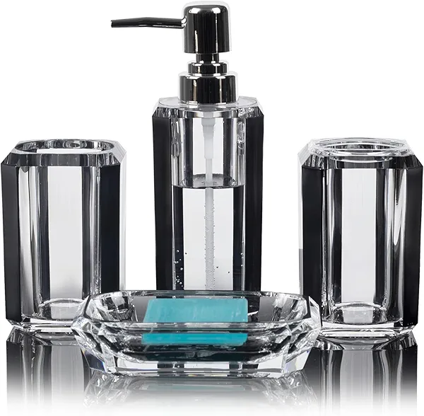 4 Piece Premium Acrylic Bathroom Accessory Set, Hand Sanitizer Bottle, Lotion Can Bathroom Suit, Separate Bottle Soap Box, Mouthwash Cup, Toothbrush Cup(Brushed Black)