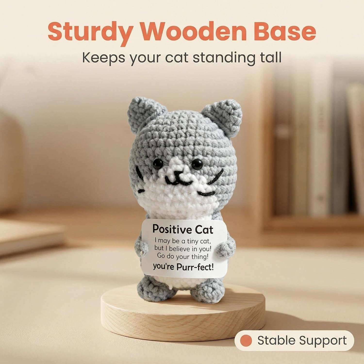 LanXiaLore Crochet Cat Emotional Support Handmade Positive Cat Desk Buddy - Cute Inspirational for Women, Coworkers Friends - Thinking of You & Stress Relief Mothers Day Gift