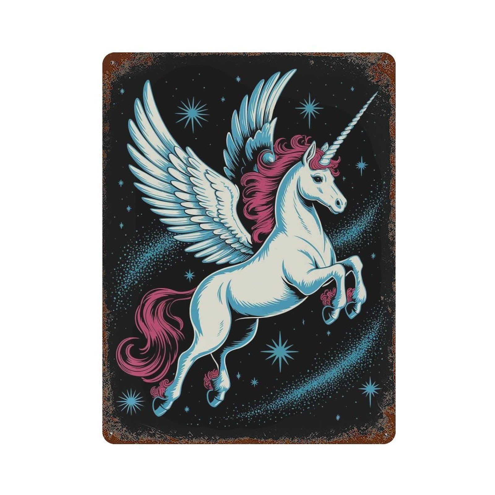 Winged Unicorn in Starry Night Rusty Metal Tin Sign 15.7"x11.8", for Shed, Workshop And Garage Wall Decor, Shabby Chic Decor