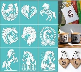 2 Sheets Horse Silkscreen Stencil, Horse Head Drawing Stencils Templates Reusable Self-Adhesive Silk Screen for Painting on Wall Wood T-Shirt Fabric Home Craft Decor