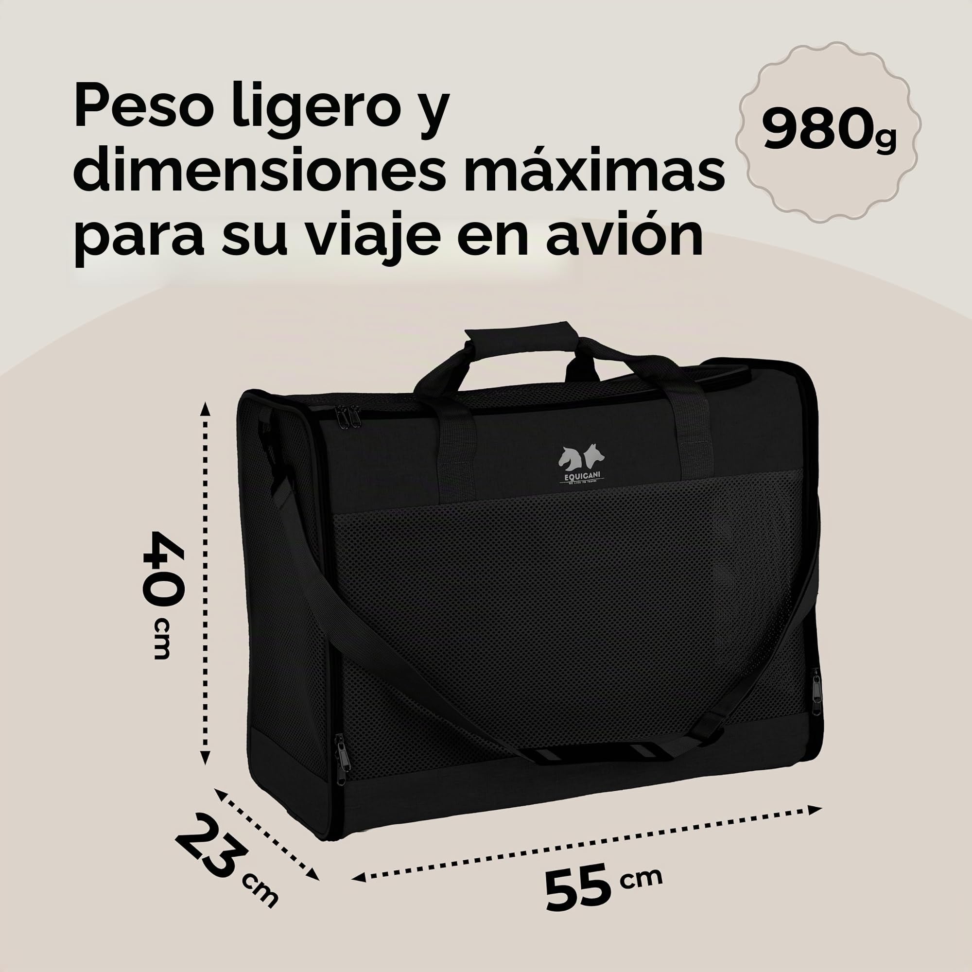 EQUICANI® Bolsa para perros, 55 x 40 x 23 cm, plegable, ligera, con tejido de malla, correa y base extraíble para perros y gatos, para viajes, coche, vuelo (negro)