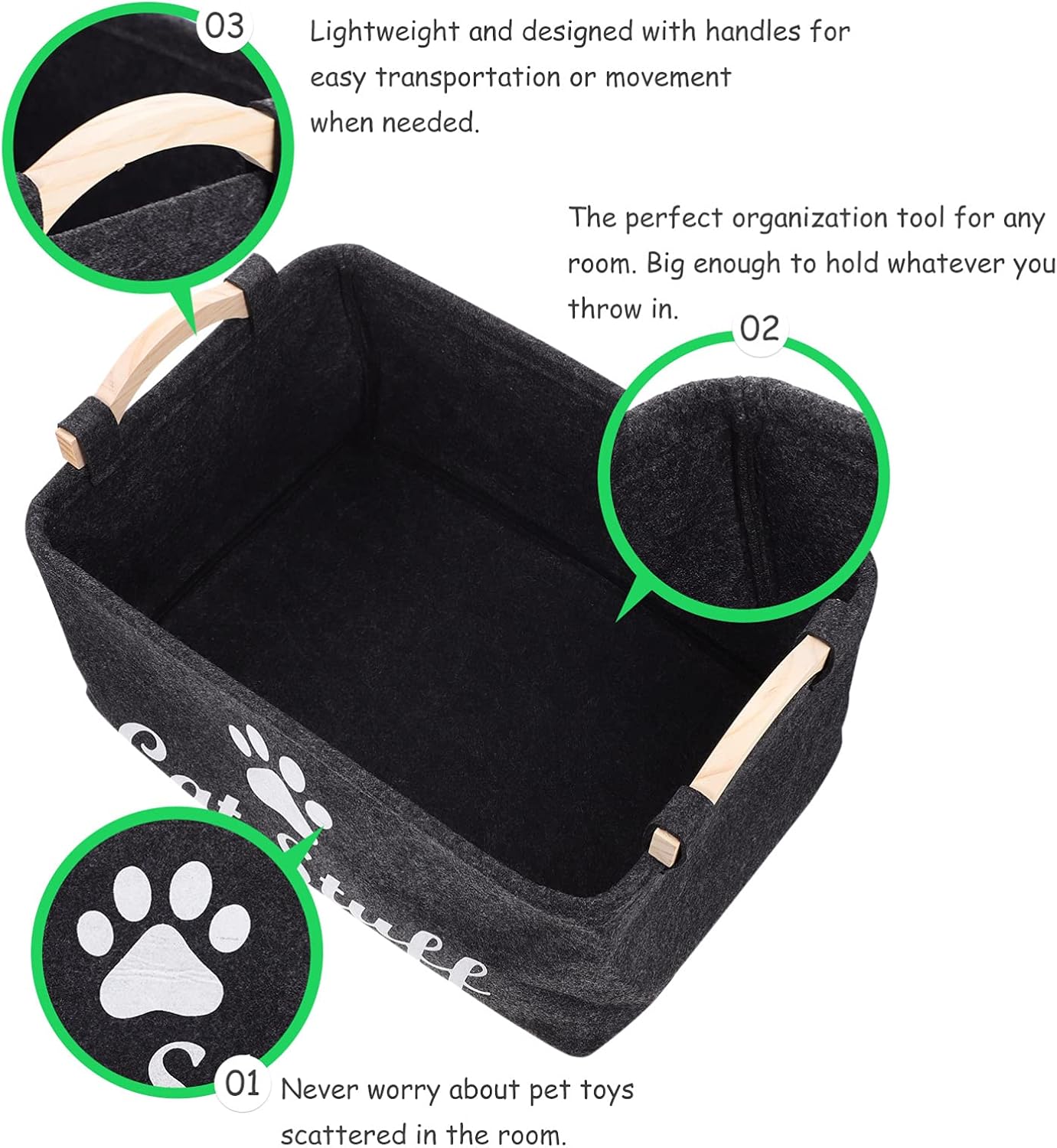 balacoo Cat Toy Storage Bin Fabric Pet Accessory Organizer Felt Basket Chest Organizer Container with Wooden Handle for Dog Rope Toys Blankets Leashes Clothing Black