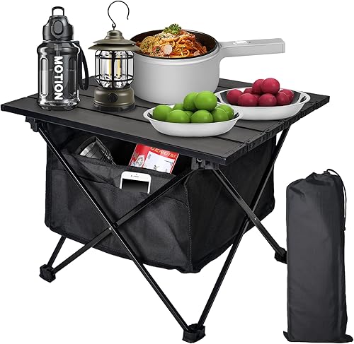Miniatura 10 de Mesa auxiliar plegable para campamento, mesa de playa pequeña ultraligera de aluminio, mesa portátil al aire libre con bolsa de transporte y Negro