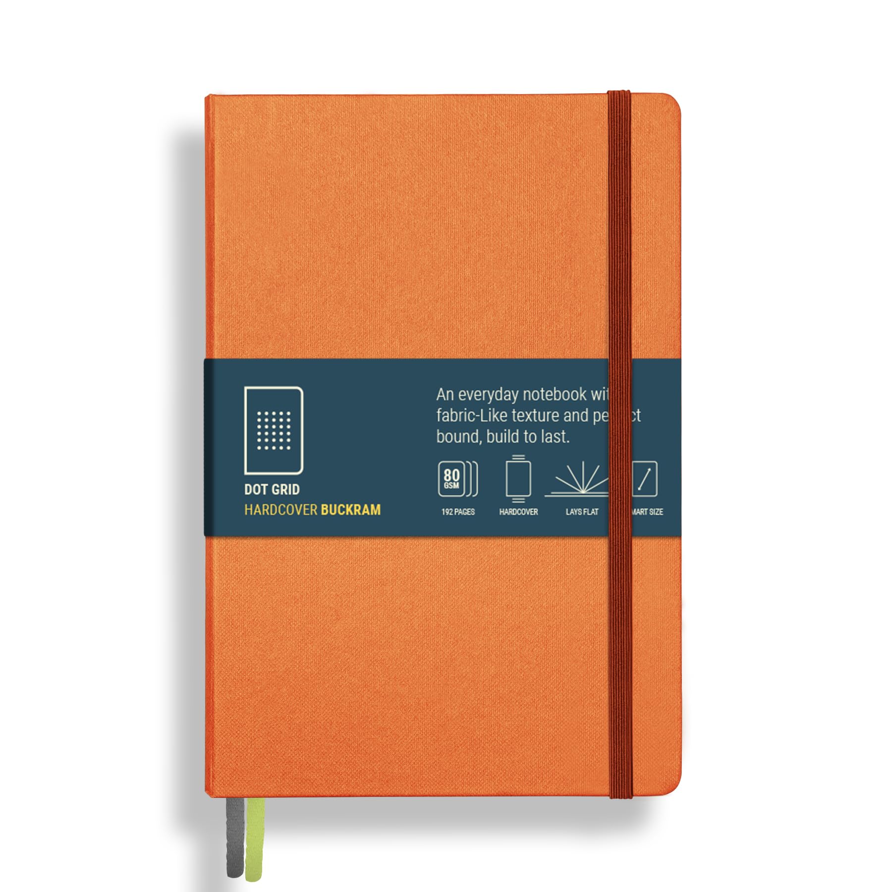 PAPERCOAL Notebook with Buckram Hard Cover - Mandarin - Dot Grid - Smart Size (200x135 mm) - 192 Pages - 80GSM Natural Shade - Flat Lay