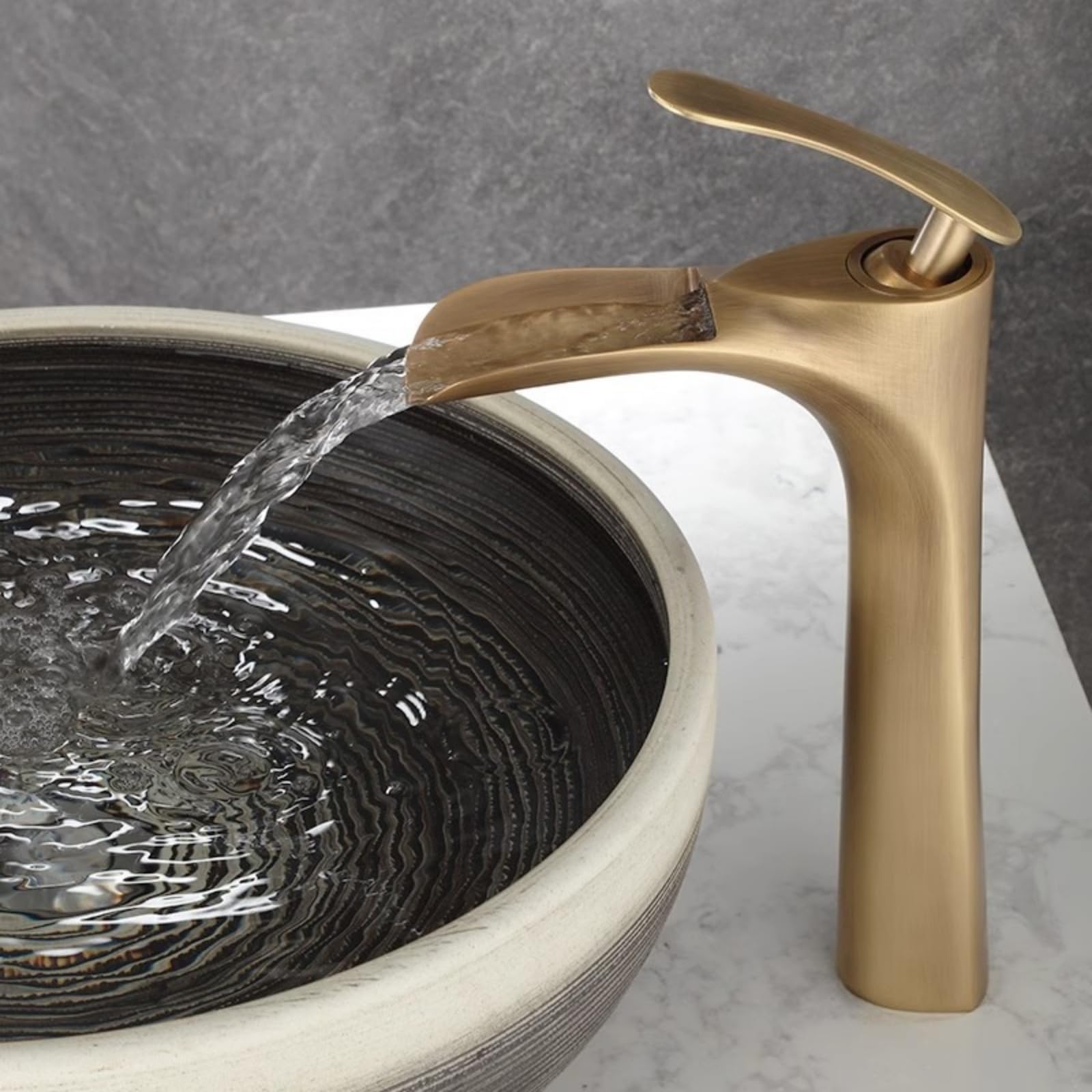 XJTNLB Wasserhahn Bad Wasserfall Hoch Schwarz Retro Waschtischarmatur Warm und Kalt Wasser Mischbatterien Bad Einhebel Wasserhahn Bad