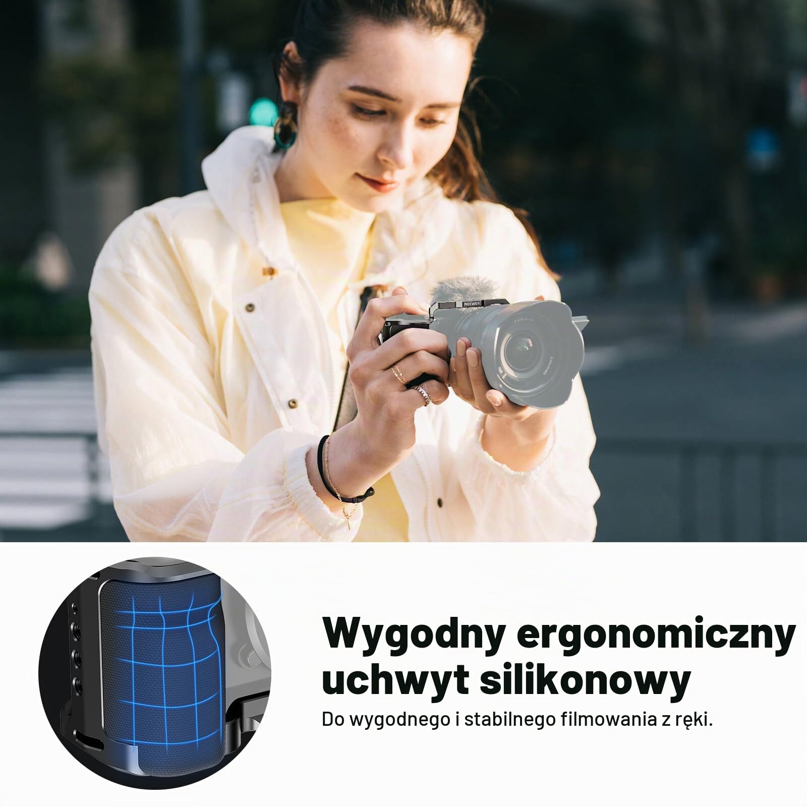 NEEWER ZV-E10 klatka na kamerę z silikonowym uchwytem, gwint 1/4", otwory pozycjonujące ARRI Arca typ QR, metalowa podstawa wideo, kompatybilna z uchwytami SmallRig DJI RS Gimbal Sony ZV-E10, CA003S
