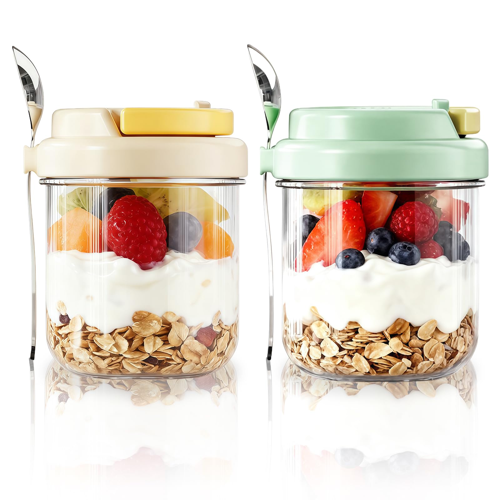 Meetoz Beige, Green 2-Pack 14 Oz Overnight Oats Containers With Lids, Glass Jars With Handle Airtight Lids, Glass Breakfast Pots, Glasss Mason Jars For Cereals, Milk, Yogurt, Fruit, Salad