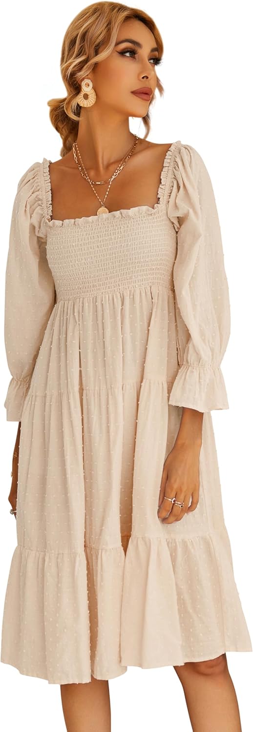 RVivimos Women Summer Cotton Plaid Puff Sleeves Bow Casual OffShoulder Boho Midi Dress