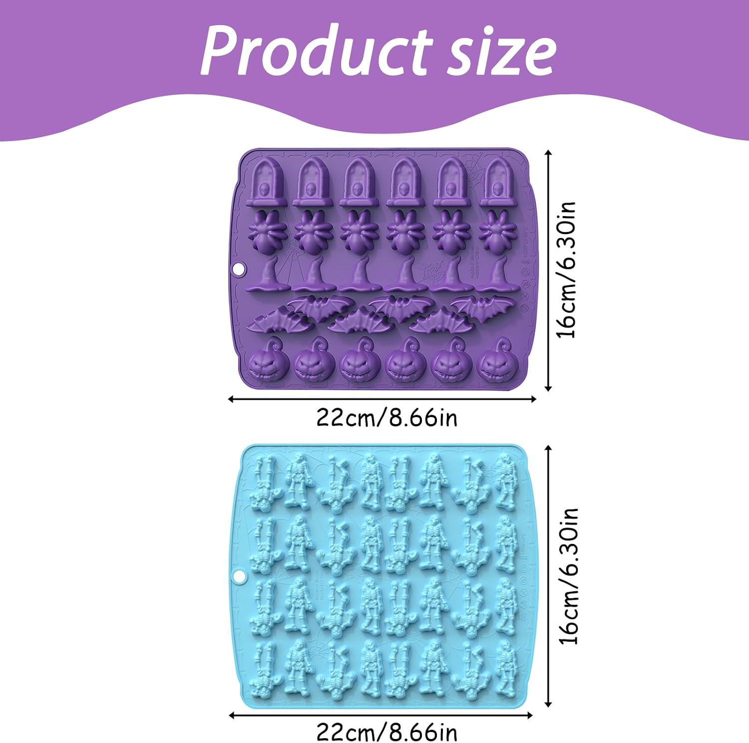 Halloween Silicone Candy Molds, Skeleton & Spooky Shapes, 4-Pack | Tombstone & Pumpkin, Chocolate & Gummy, 8.66x6.30 in Each, Skeleton Figures, Reusable Silicone
