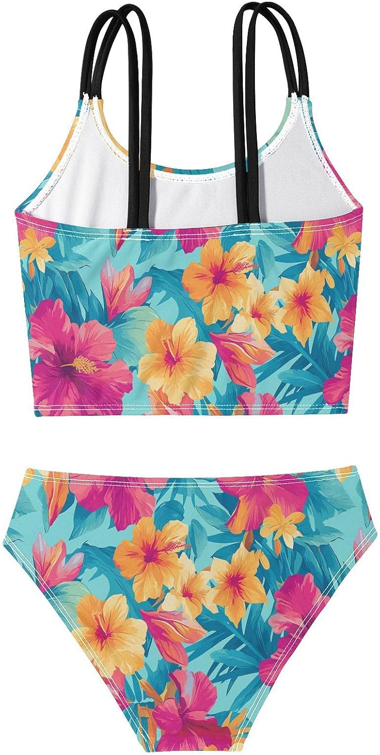 visesunny Girls Two Piece Swimsuits Tropical Flower Bouquet Pattern Girl's Bikini Sets Bathing Suits for Girls Size 5-12Y