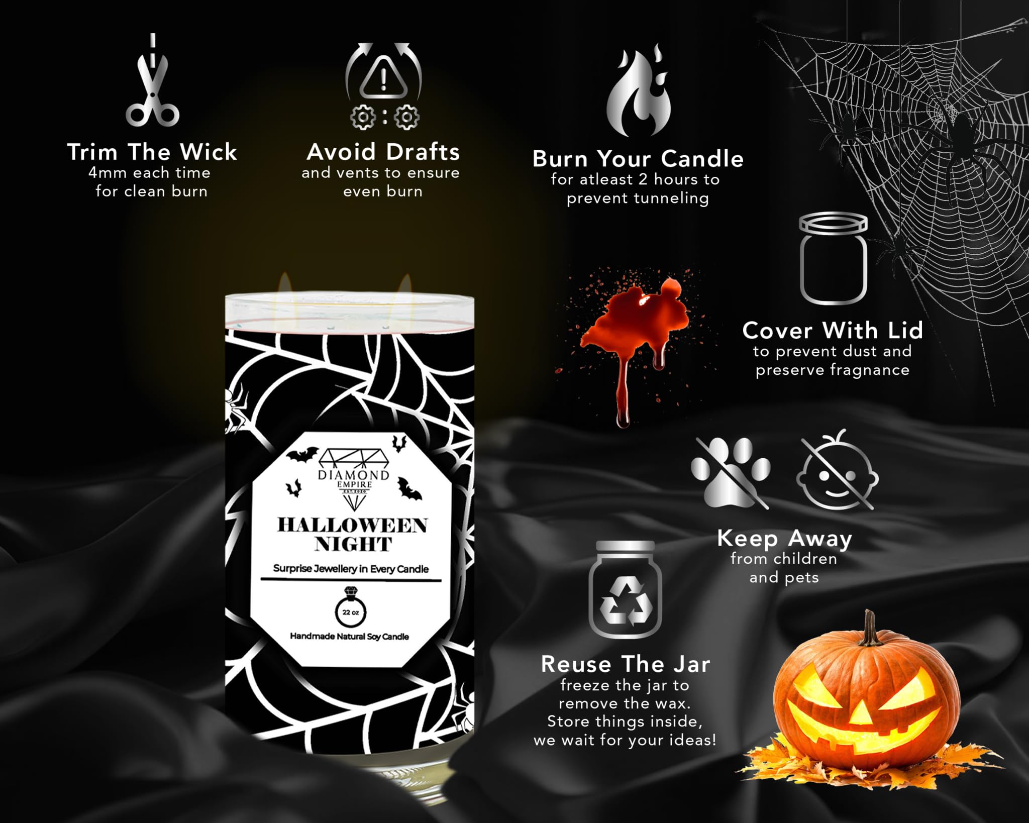 Diamante Empire notte di Halloween con gioielli a sorpresa all'interno (gioielli a sorpresa del valore fino a £2.500) 2 stoppini candela di Halloween (durata fino a 120H) (anello L/M)