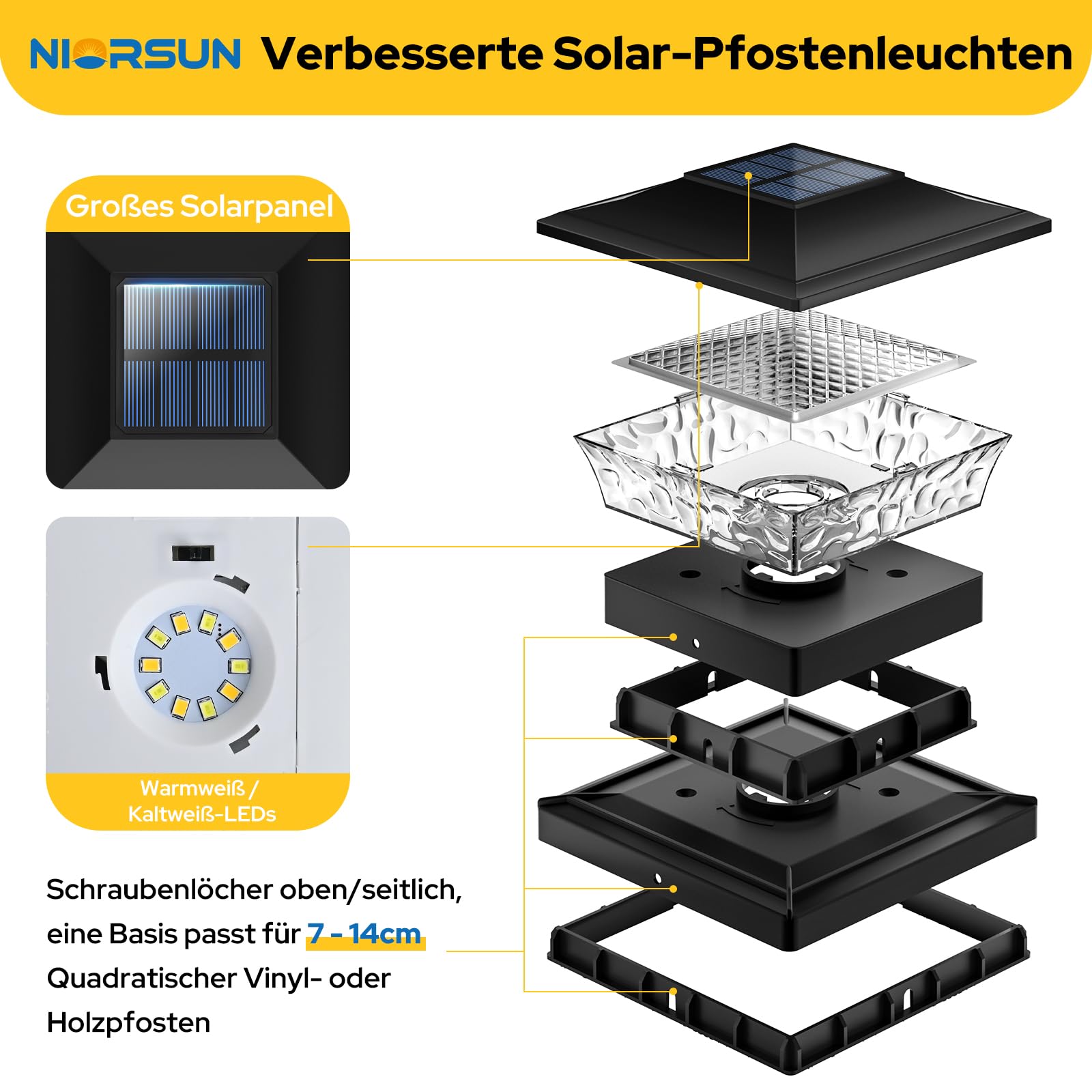 NIORSUN Solar Pfostenleuchte 8 Stück, IP64 Wasserdicht, Warm-/Kaltweißes Licht, für 9x9 10x10 12x12 cm Holz/Vinyl Pfosten
