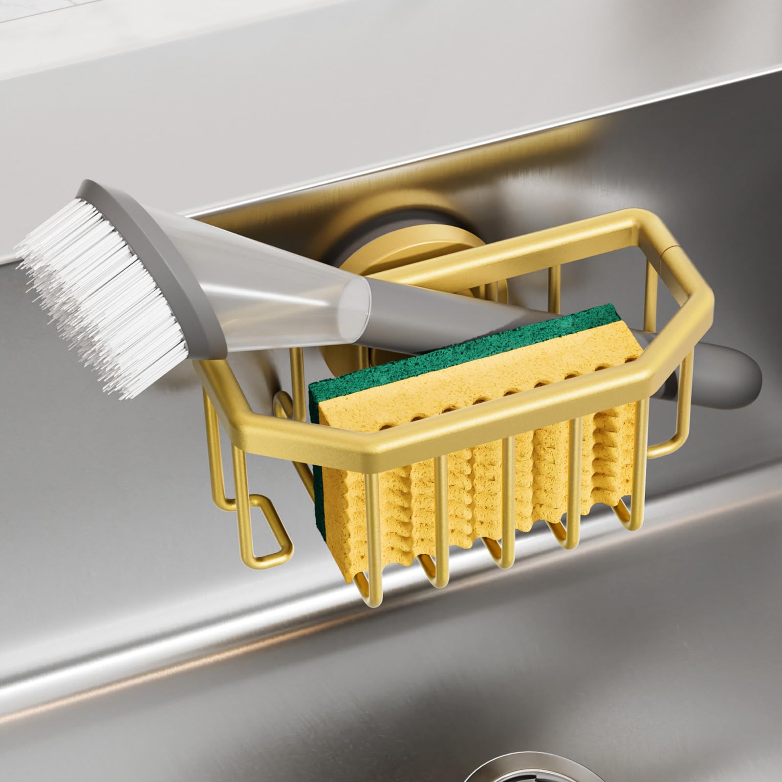 taili sponge holder for kitchen sink with strong suction cup removable, rustproof aluminum sink caddy for sponge, brush, scrubber, scraper -gold