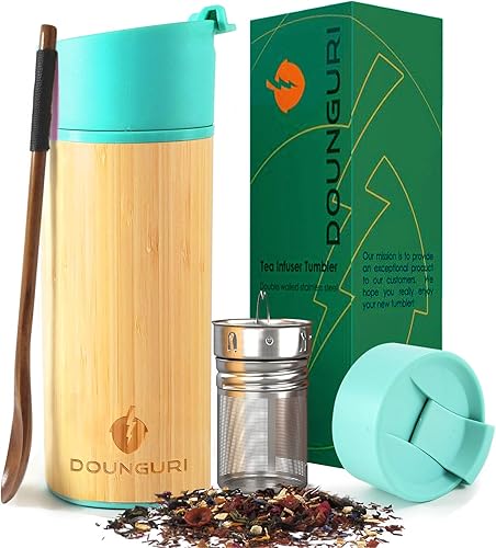 Vaso de bambú con infusor de colador, termo de acero inoxidable aislado al vacío verde de 12 onzas con filtro para hojas sueltasbotella de viaje de