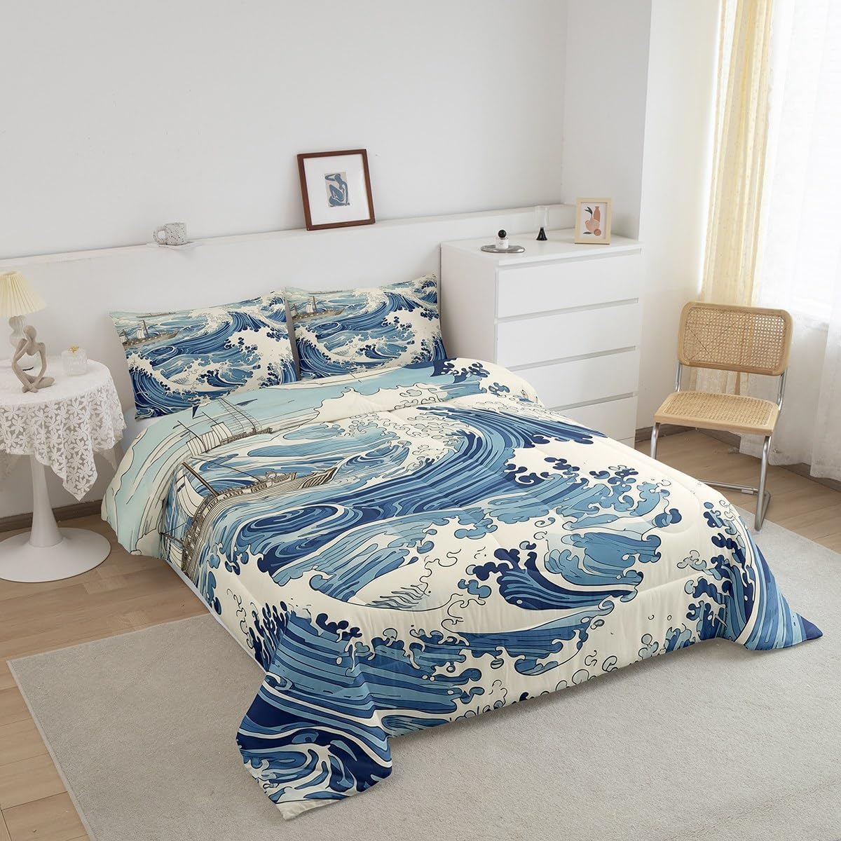 Feelyou Ocean Wave Bedding Set Queen Size Sea Wave Pattern Comforter Set for Adult Teens Nautical Comforter Blue Quilt Set 3Pcs