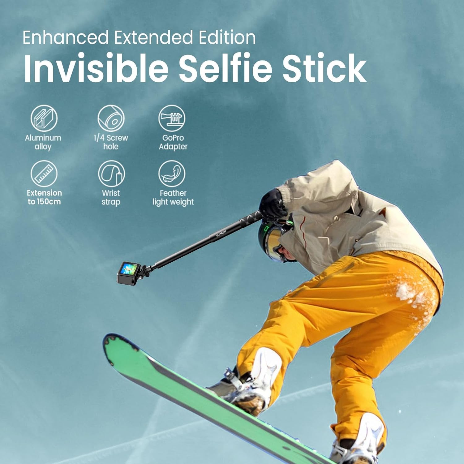 Mairan Super Long 150cm Invisible Selfie Stick, Extension Selfie Stick Compatible with Insta360X4,X5, GoPro, DJI, Action Cameras,1/4" Portable Extendable Monopod Pole with Buckle Mount and Wrist Strap