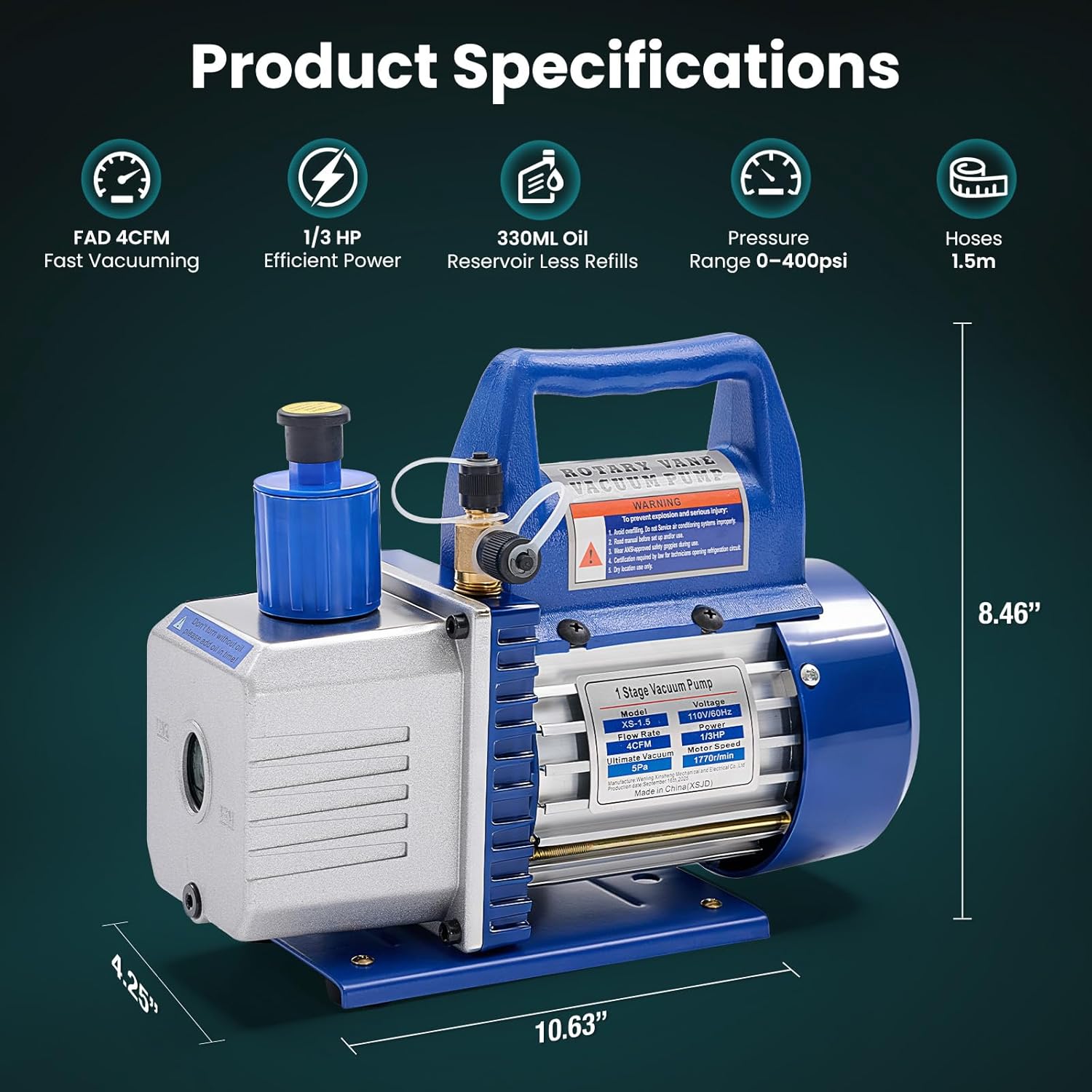 NEWBULIG 4CFM Single Stage Vacuum Pump 110V, with R134a AC Manifold Gauge Set & Leak Detector - Complete Kit for HVAC Air Conditioning Service, Refrigerant Recharging and Recovery