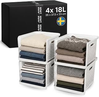 SmartStore 4 x Wardrobe Organiser 17.6 L Off White with Handles | 35 x 37.5 x 23 cm, stackable, storage tower, space-saving organisation system, vertical storage basket