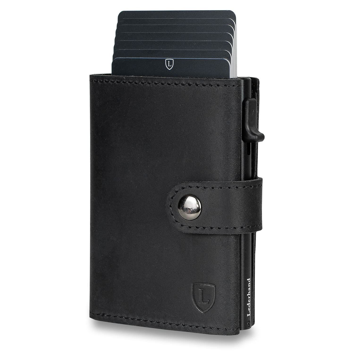 Lederhand Fargo Wallet – Leder Geldbörse handgemacht für Herren und Damen Portemonnaie Aluminium Kartenhalter mit Münzfach und Scheinfach - Platz für 9 Karten mit RFID NFC Schutz Farbe | (Schwarz)