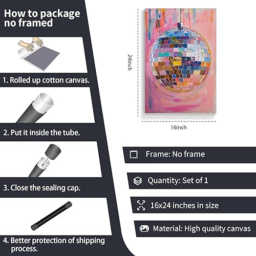 Miniatura 6 de Lienzo de bola de discoteca rosa suave de moda, arte de pared, diseño de bola de espejo plateada con textura de bola de espejo maximalista,