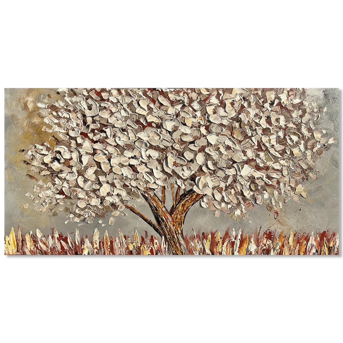 Fokenzary Lienzo pintado a mano abstracto moderno con flores de árbol grande grueso efecto 3D enmarcado listo para colgar (plateado-M)