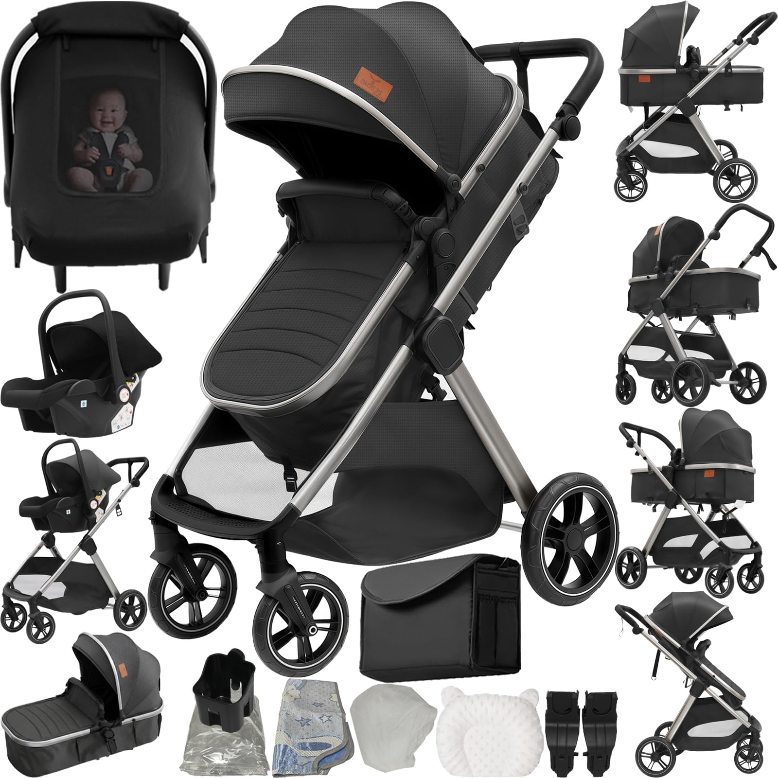 Poussette 3 en 1 Bébé Pliable Alliage d'aluminium Cadre V10 Deep Grey