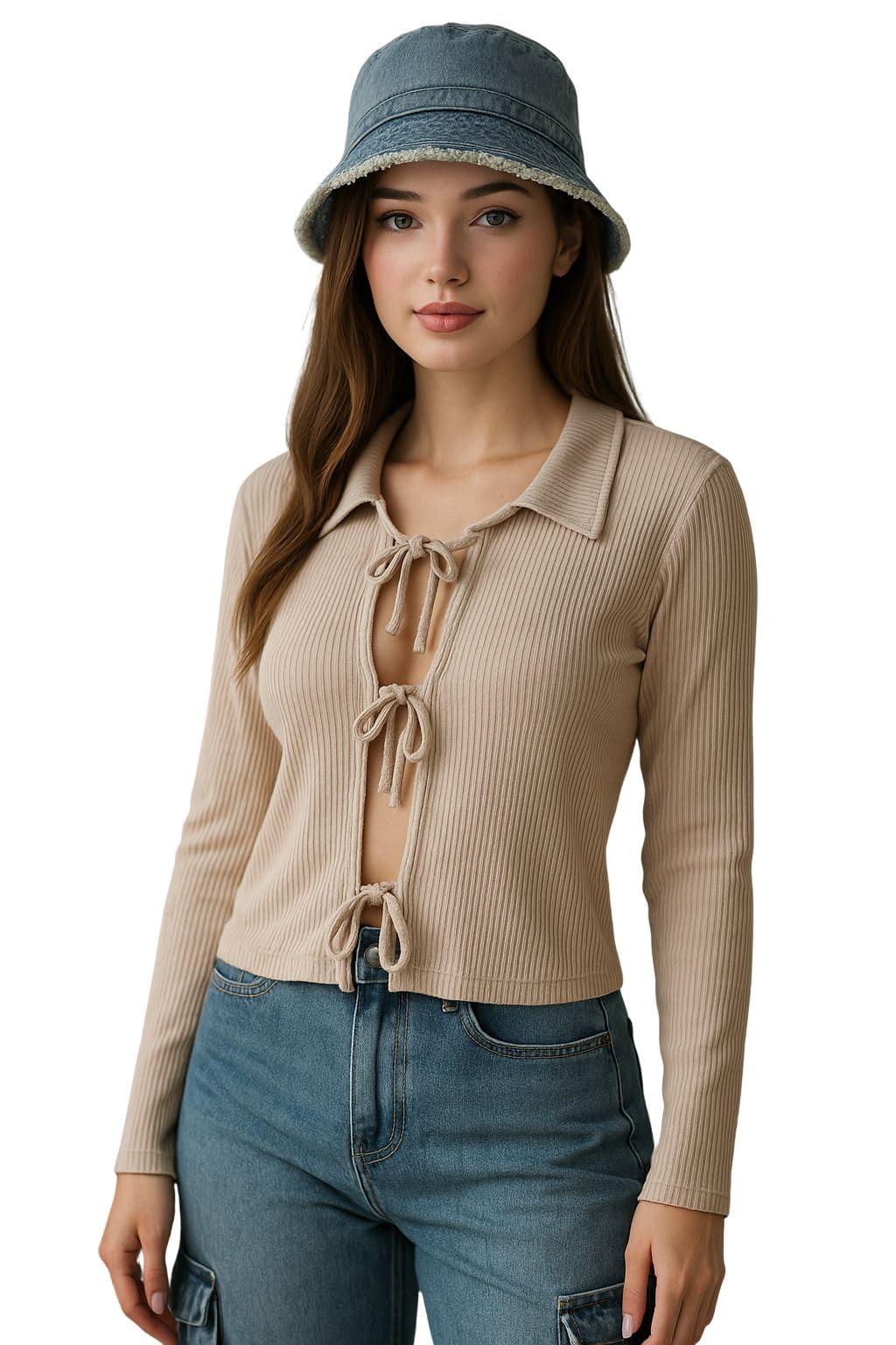 Ribbed Knit Cardigan with Tie Front, Long Sleeve, Beige-image-7