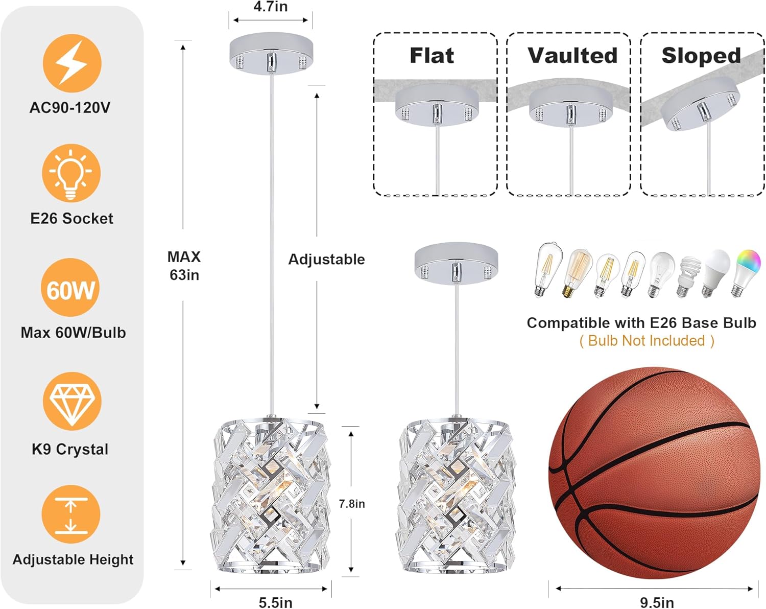 2 Pack Crystal Pendant Lights, Modern Chrome Finish with Adjustable Cord, Pendant Light for Kitchen Island, Dining Room, Living Room, Hallway, Bedroom