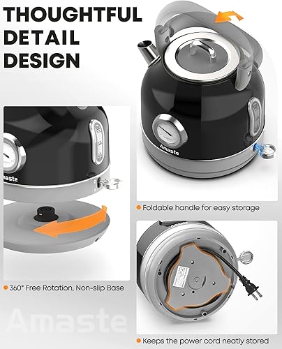 Miniatura 7 de Amaste Hervidor eléctrico, hervidor de té eléctrico retro con termómetro, hervidor de agua caliente de 57 onzas para café y té, acero inoxidable