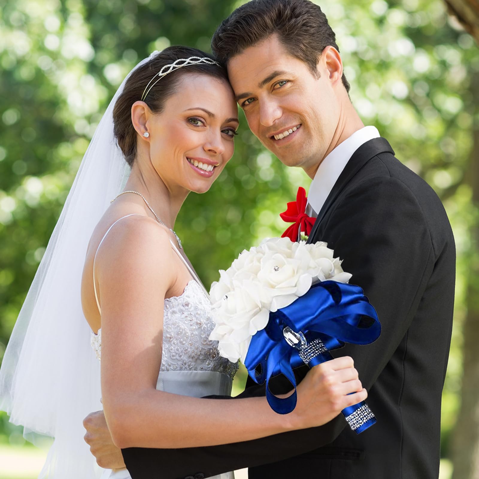 StillCool Wedding Bouquet Crystal Pearl Silk Roses Bridal Bridesmaid Wedding Hand Bouquet Artificial Fake Flowers (18cm x 24cm, Royal-Blue)