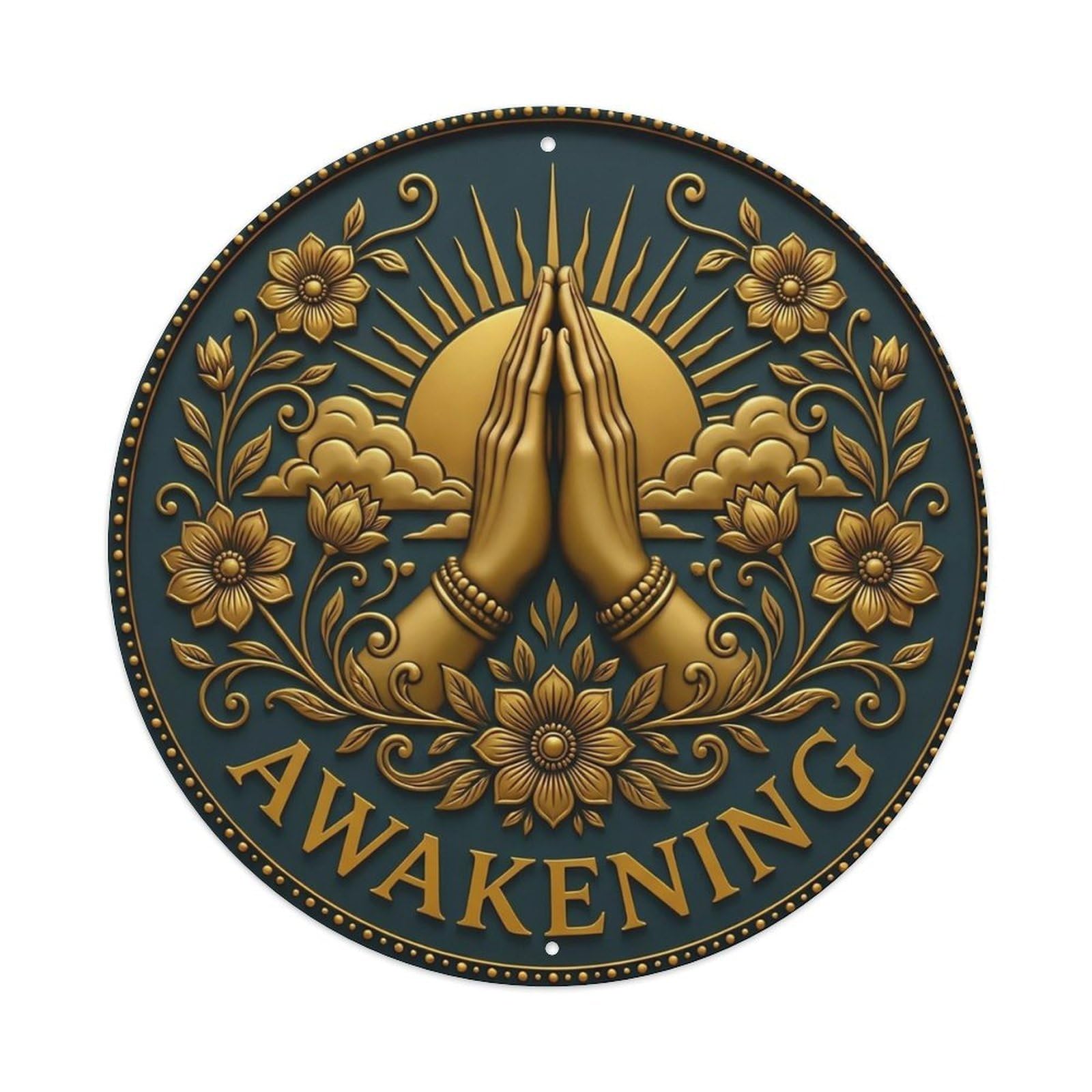 Vintage Namaste Praying Hands Awakening Flower Zen Yoga Metal Tin Sign