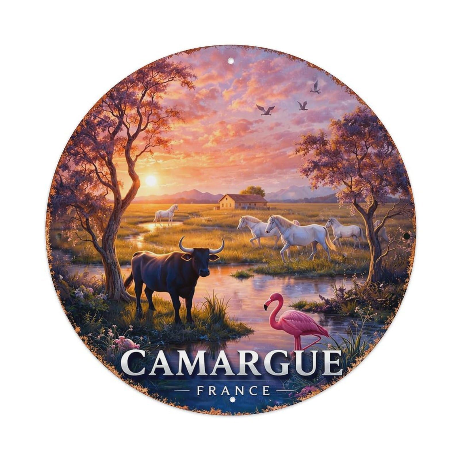 Camargue Landscape With Animals And Sunset Retro Metal Sign Round Tin Sign, Vintage Decor Art Poster for Bar, Home, Man Cave, Kitchen, Laundry Room Gift 8x8Inch