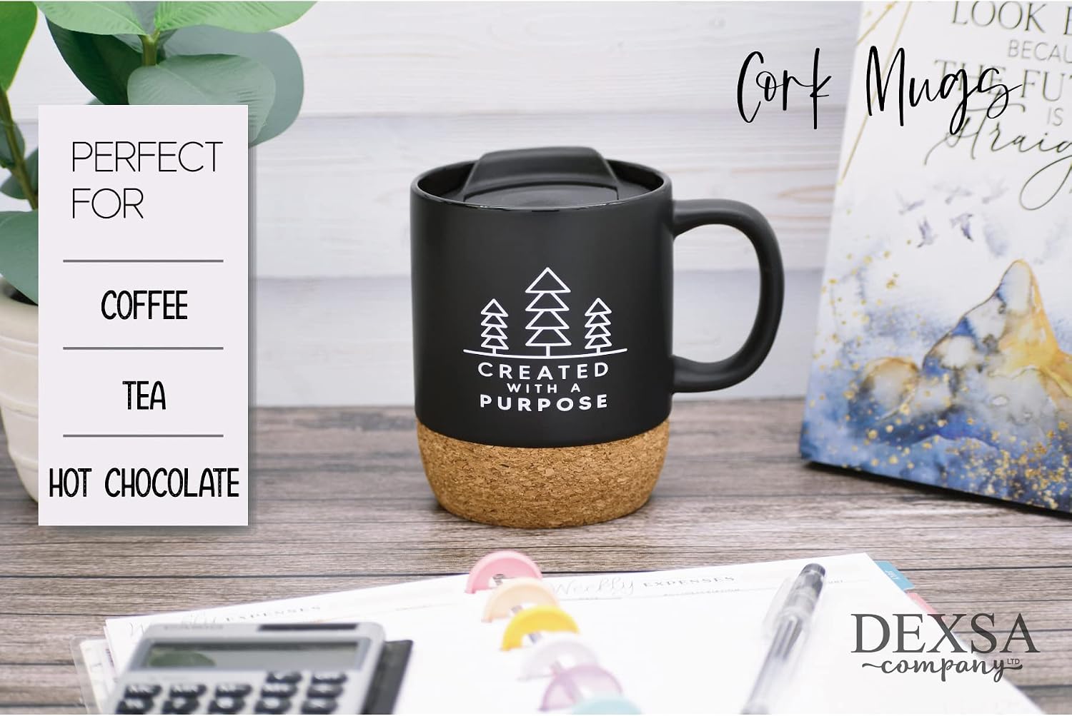 Dexsa Ceramic Designer Coffee Mug | Created with a purpose | Holds 14 ounces | Cork Bottom with Lid | Great for Coffee, Tea, Soups, Hot Chocolate image 2