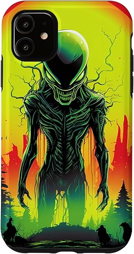 Vista 10 de iPhone 14 Pro Max Cute Green Alien Head UFO Space Face Alien Case