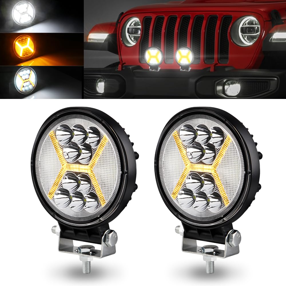 Lampe de Travail LED Hors Route 72W avec DRL Antibrouillard D'alarme Stroboscopique Ambre 4,5" Off Road Spot Flood Combo Lumière Conduite Phare 12-36V LED pour Moto Bateau Camion-2PCS