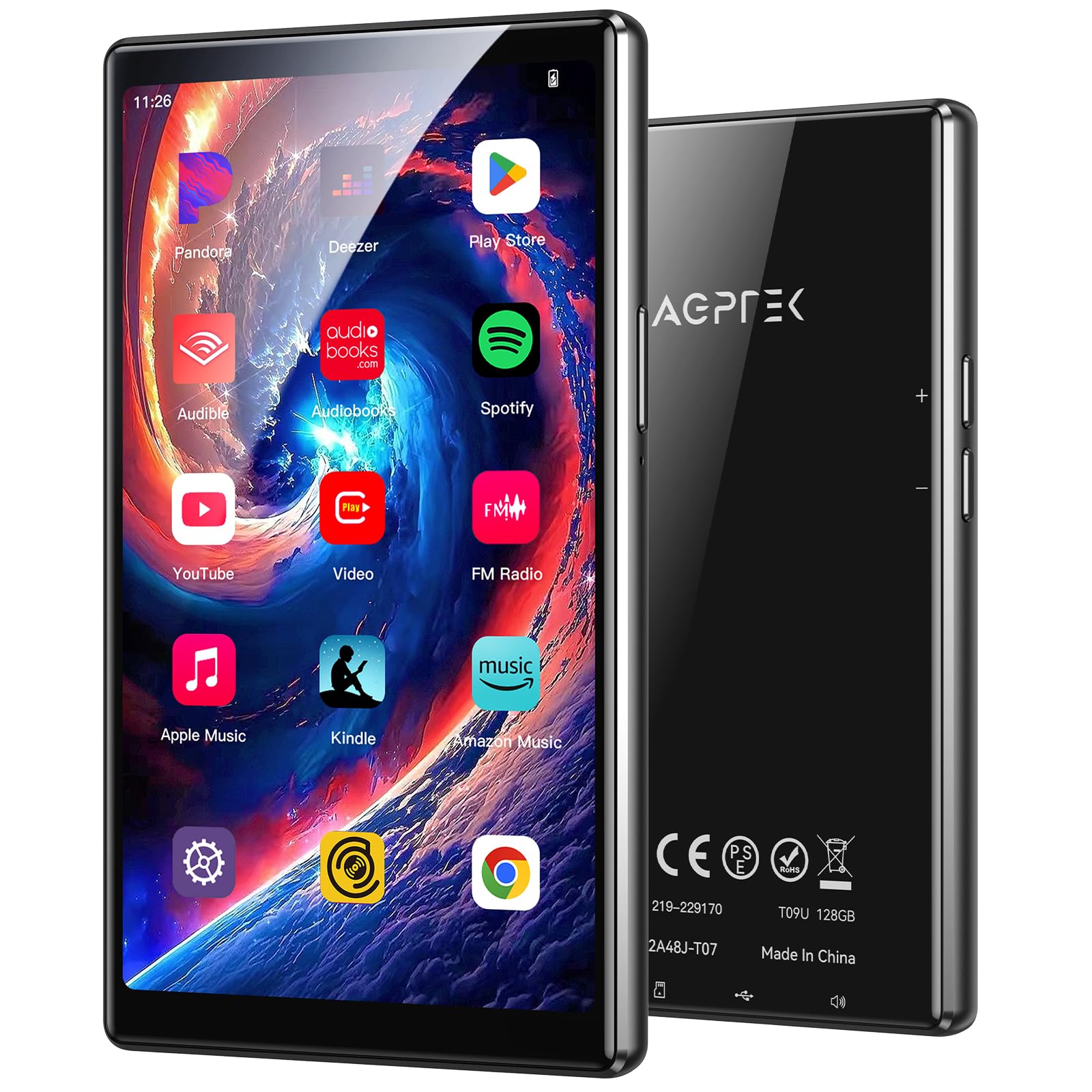 AGPTEK 128Go Lecteur MP3 Bluetooth WiFi, MP4 Spotify Android 13 avec 5"Écran Tactile HD, Compatible avec Deezer, Amazon Music, YouTube, Pandora, Audible, Libby, MP4 Enfant avec Contrôle Parental, Noir