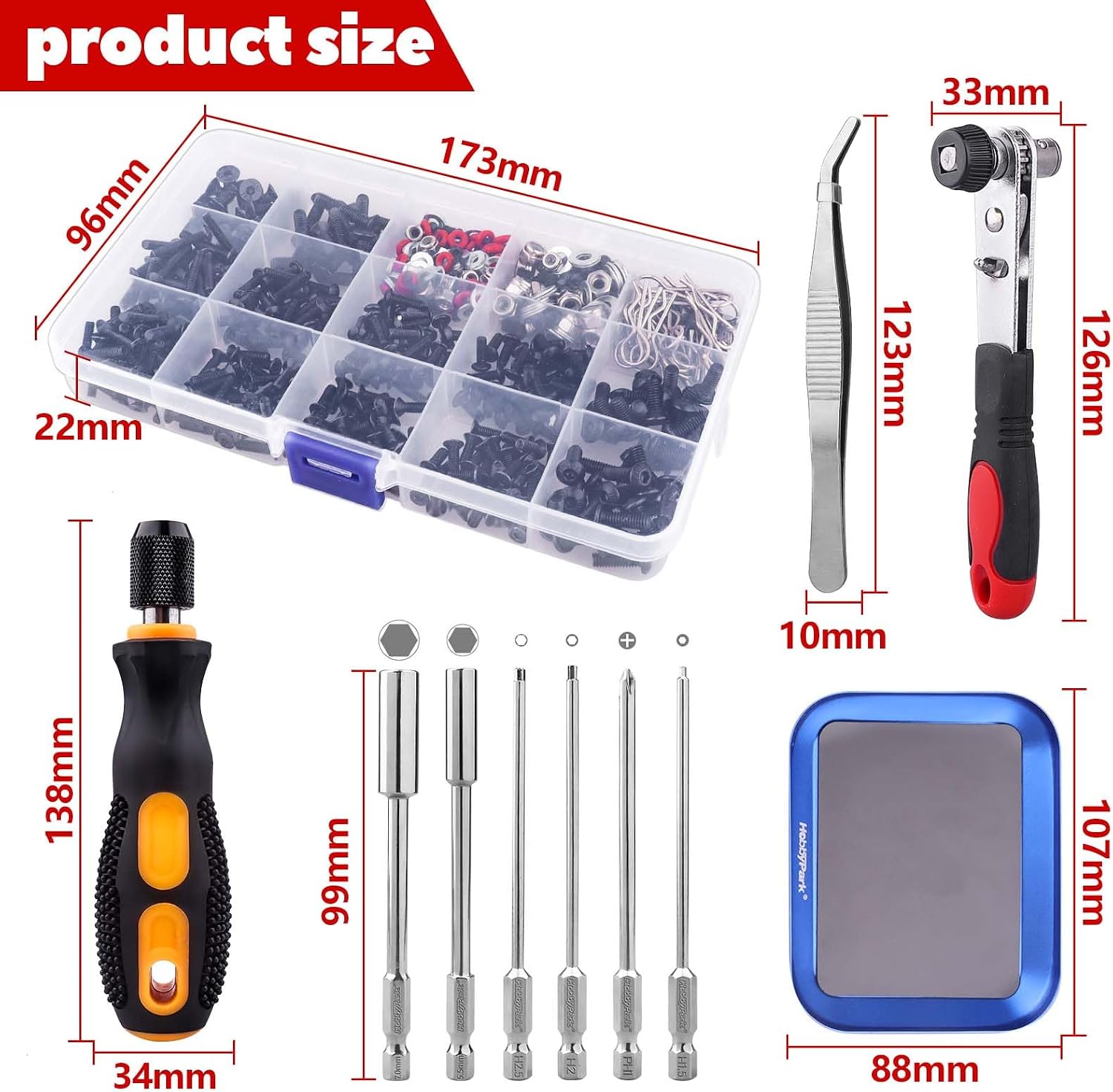 HobbyPark 620pcs RC Screw Kit Screws Assortment Set Hardware RC Repair Tool Kit RC Screwdrivers Hex Drivers w/Tray for Traxxas Arrma Axial Redcat Losi 1/8 1/10 1/12 1/16 Scale RC Car Truck Crawler